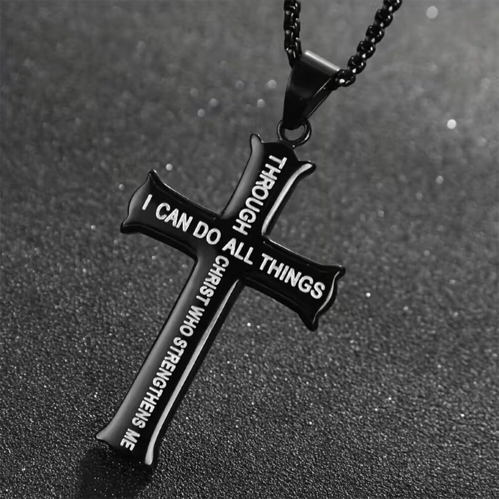 Black Christian Cross Necklace Philippians 4:13 Stainless Steel Faith Jewelry